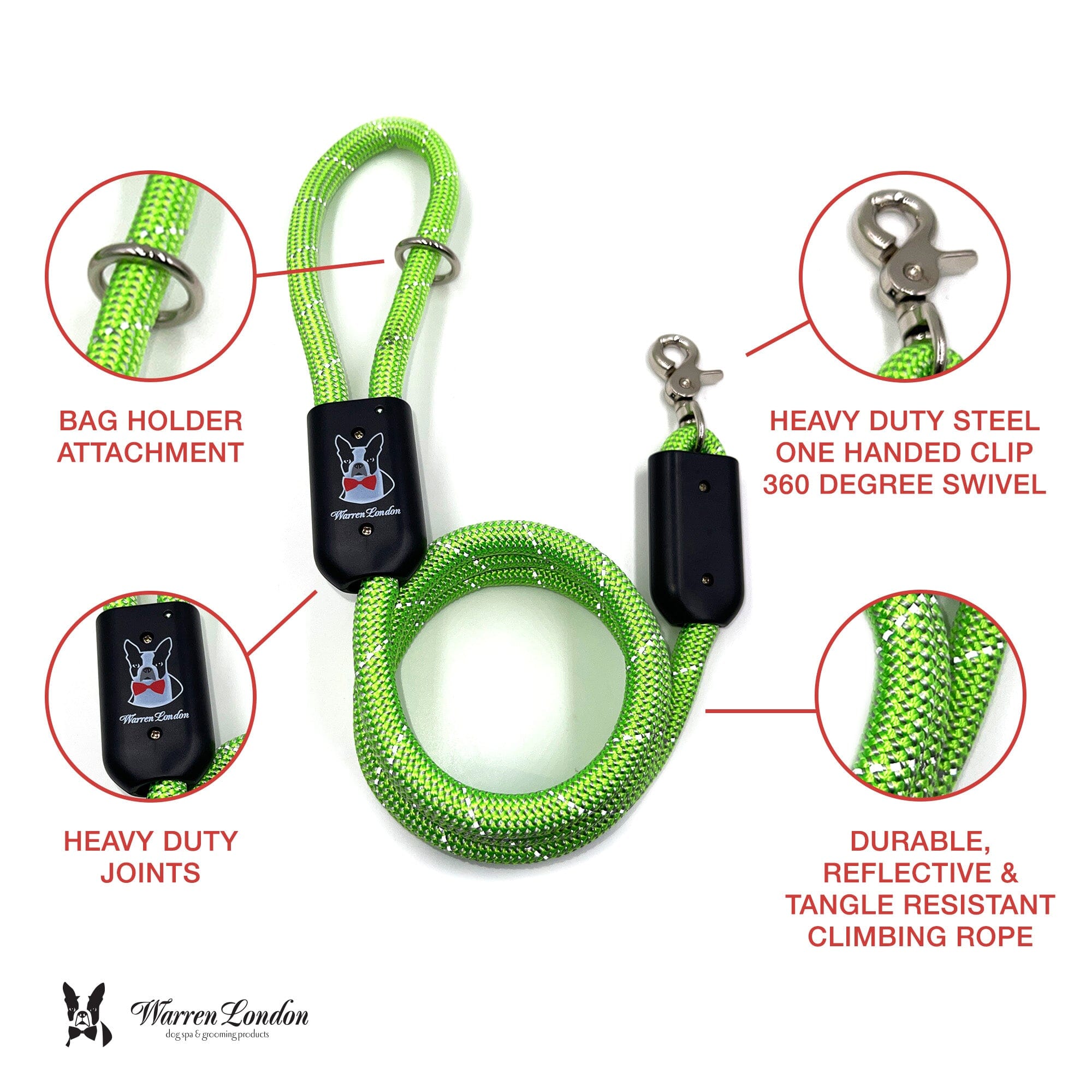 Reflective Rope Leash - Original Colors - Green